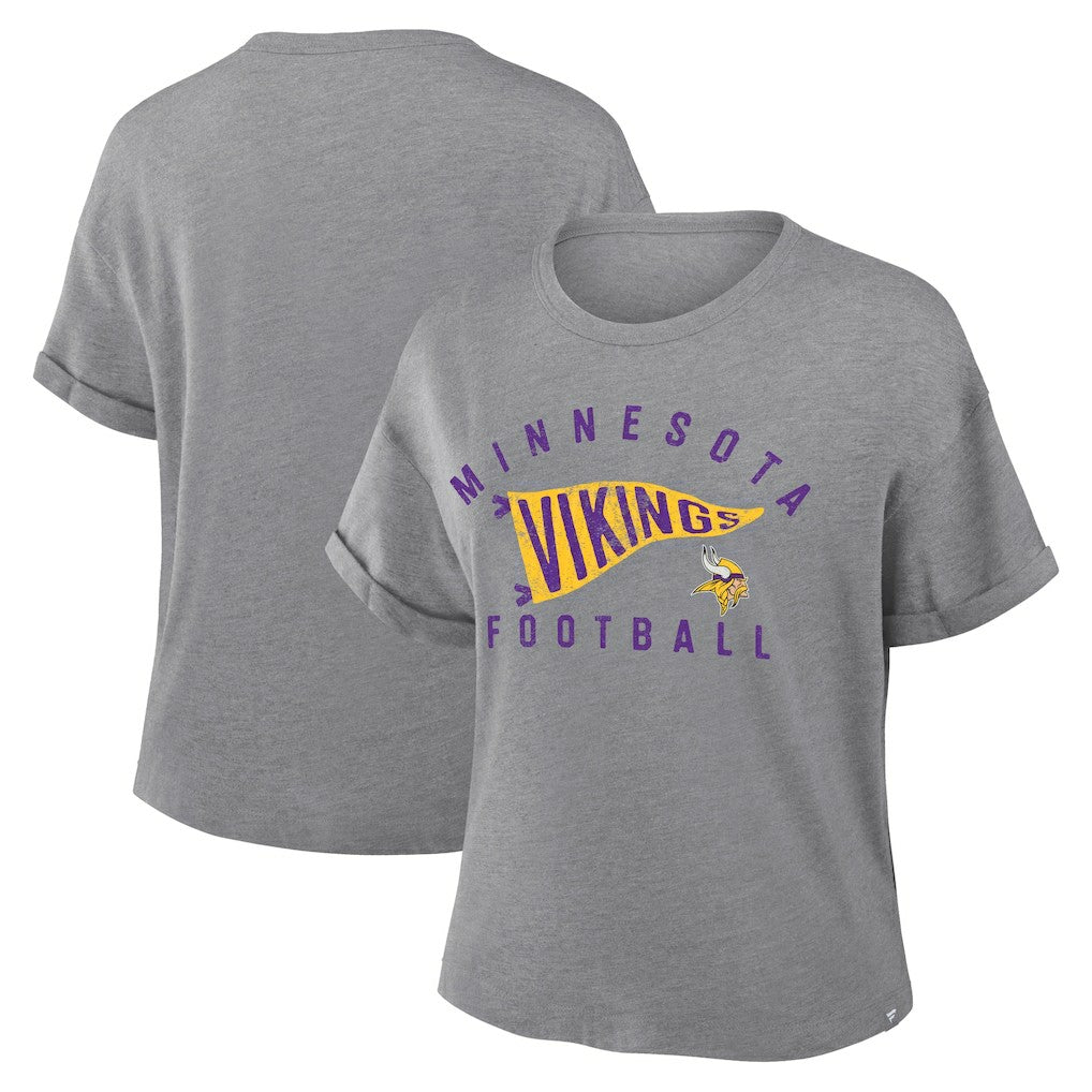 Minnesota Vikings Women's Pennant Wave Tribute Tri-Blend Boxy T-Shirt Heather Gray