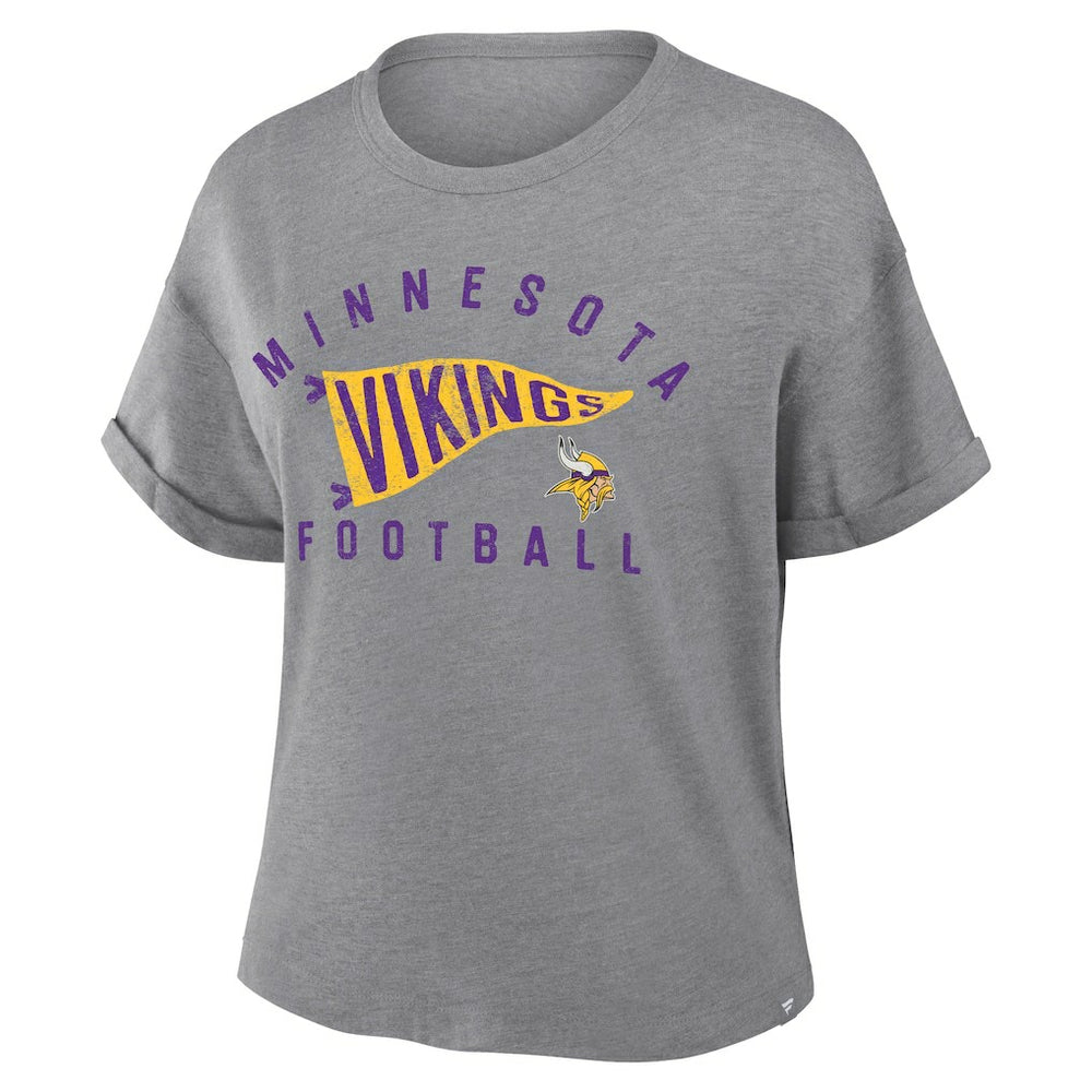 Minnesota Vikings Women's Pennant Wave Tribute Tri-Blend Boxy T-Shirt Heather Gray