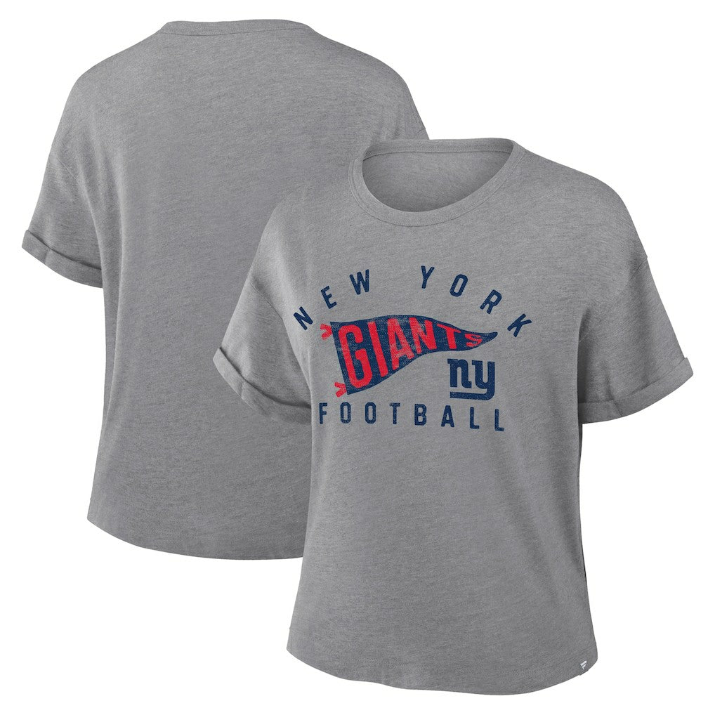 New York Giants Women's Pennant Wave Tribute Tri-Blend Boxy T-Shirt Heather Gray