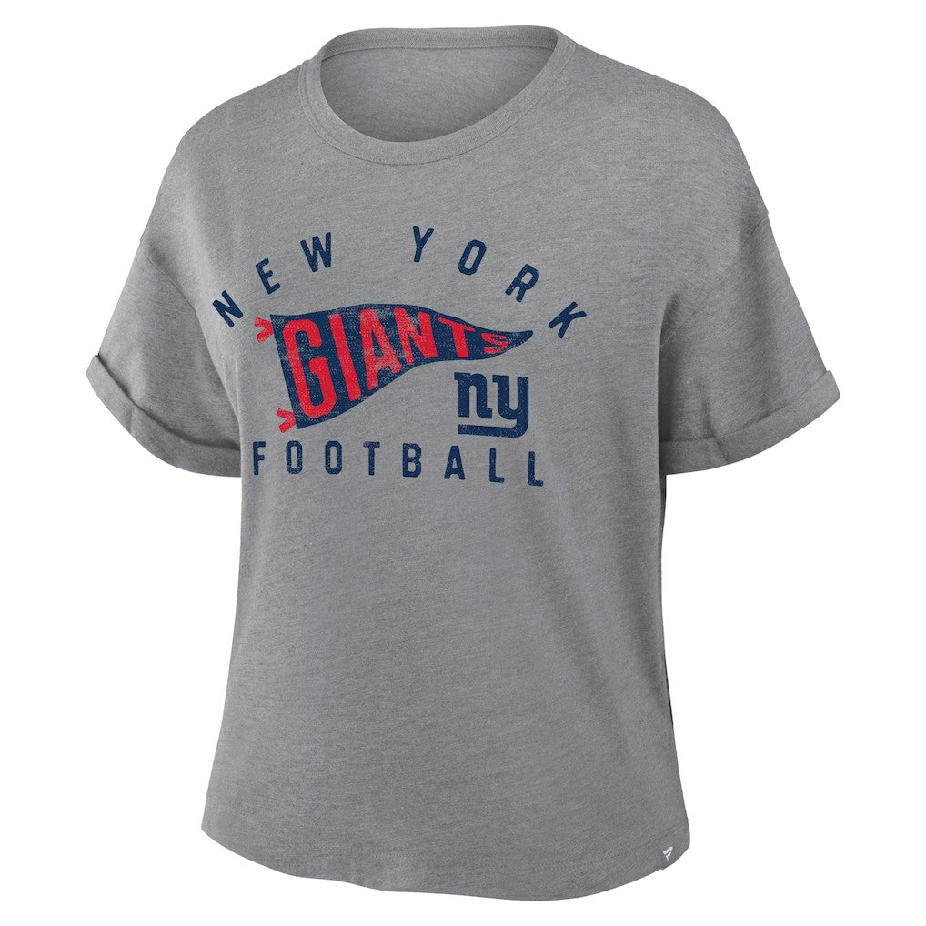 New York Giants Women's Pennant Wave Tribute Tri-Blend Boxy T-Shirt Heather Gray