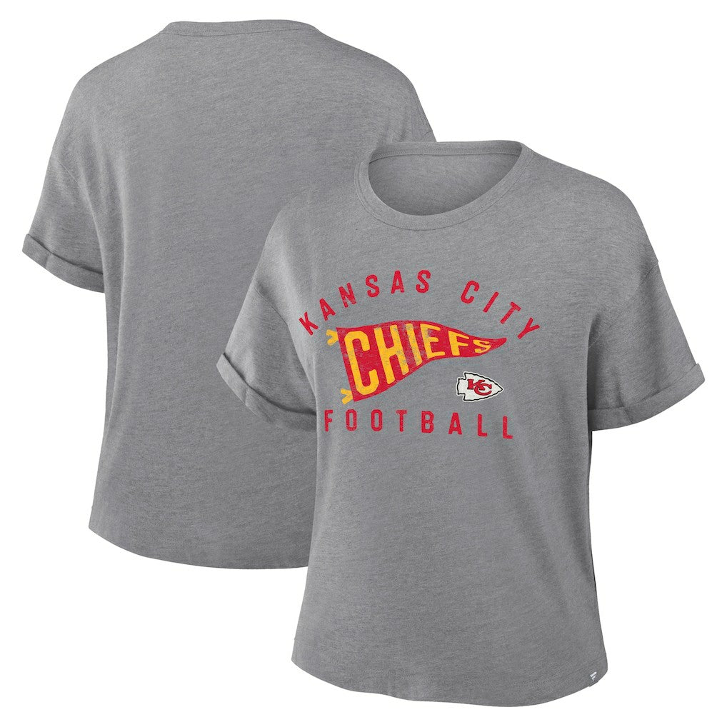 Kansas City Chiefs Women's Pennant Wave Tribute Tri-Blend Boxy T-Shirt Heather Gray