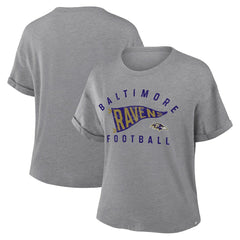 Baltimore Ravens Women's Pennant Wave Tribute Tri-Blend Boxy T-Shirt Heather Gray
