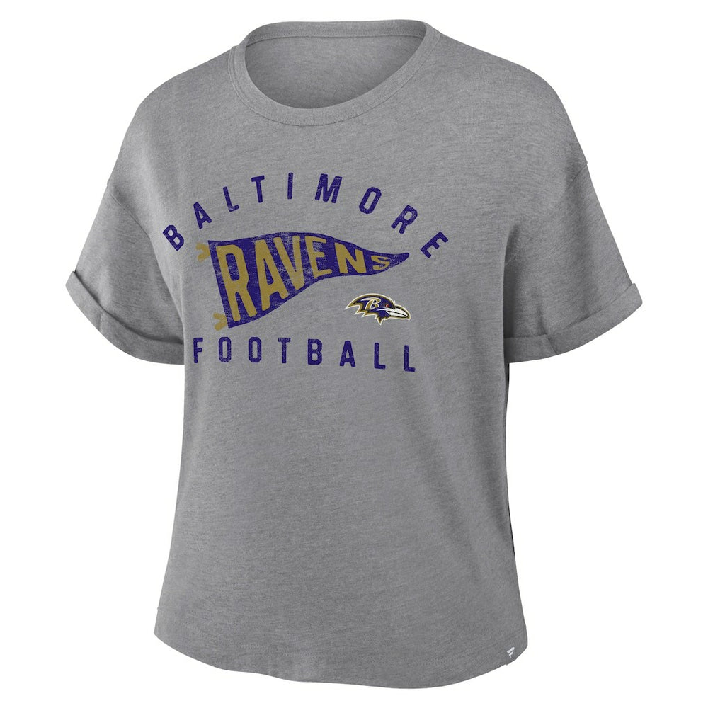 Baltimore Ravens Women's Pennant Wave Tribute Tri-Blend Boxy T-Shirt Heather Gray