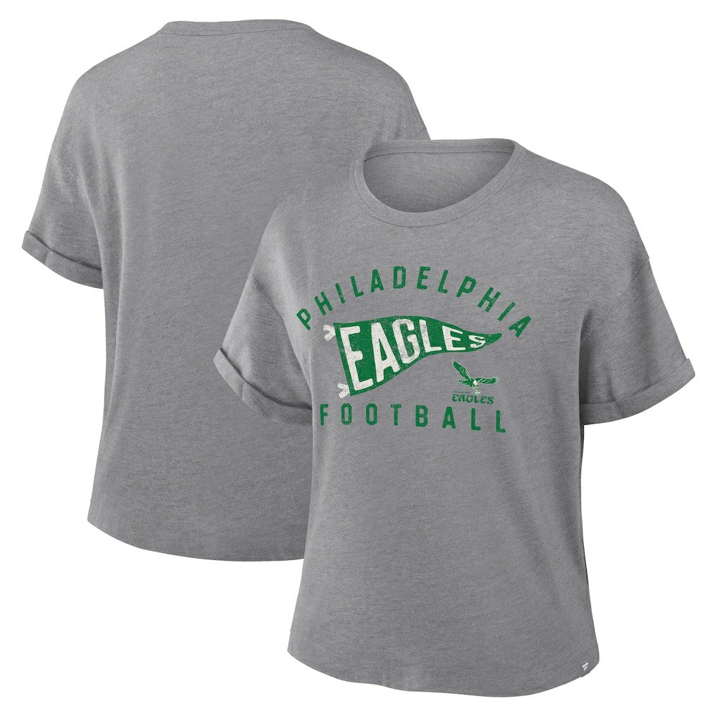 Philadelphia Eagles Women's Pennant Wave Tribute Tri-Blend Boxy T-Shirt Heather Gray