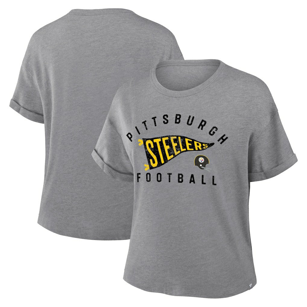 Pittsburgh Steelers Women's Pennant Wave Tribute Tri-Blend Boxy T-Shirt Heather Gray