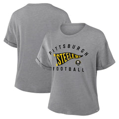 Pittsburgh Steelers Women's Pennant Wave Tribute Tri-Blend Boxy T-Shirt Heather Gray