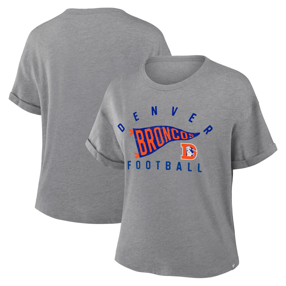 Denver Broncos Women's Pennant Wave Tribute Tri-Blend Boxy T-Shirt Heather Gray