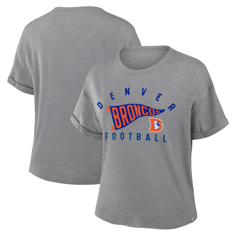Denver Broncos Women's Pennant Wave Tribute Tri-Blend Boxy T-Shirt Heather Gray