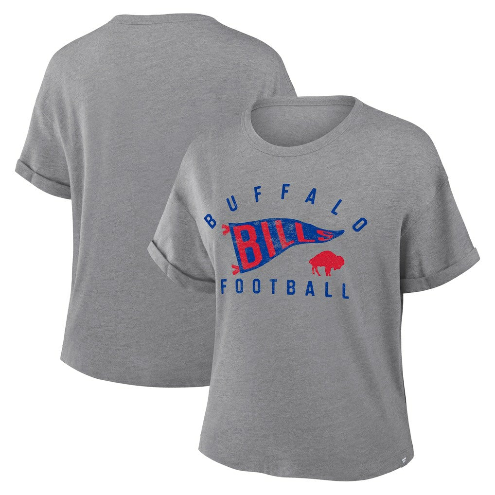 Buffalo Bills Women's Pennant Wave Tribute Tri-Blend Boxy T-Shirt Heather Gray