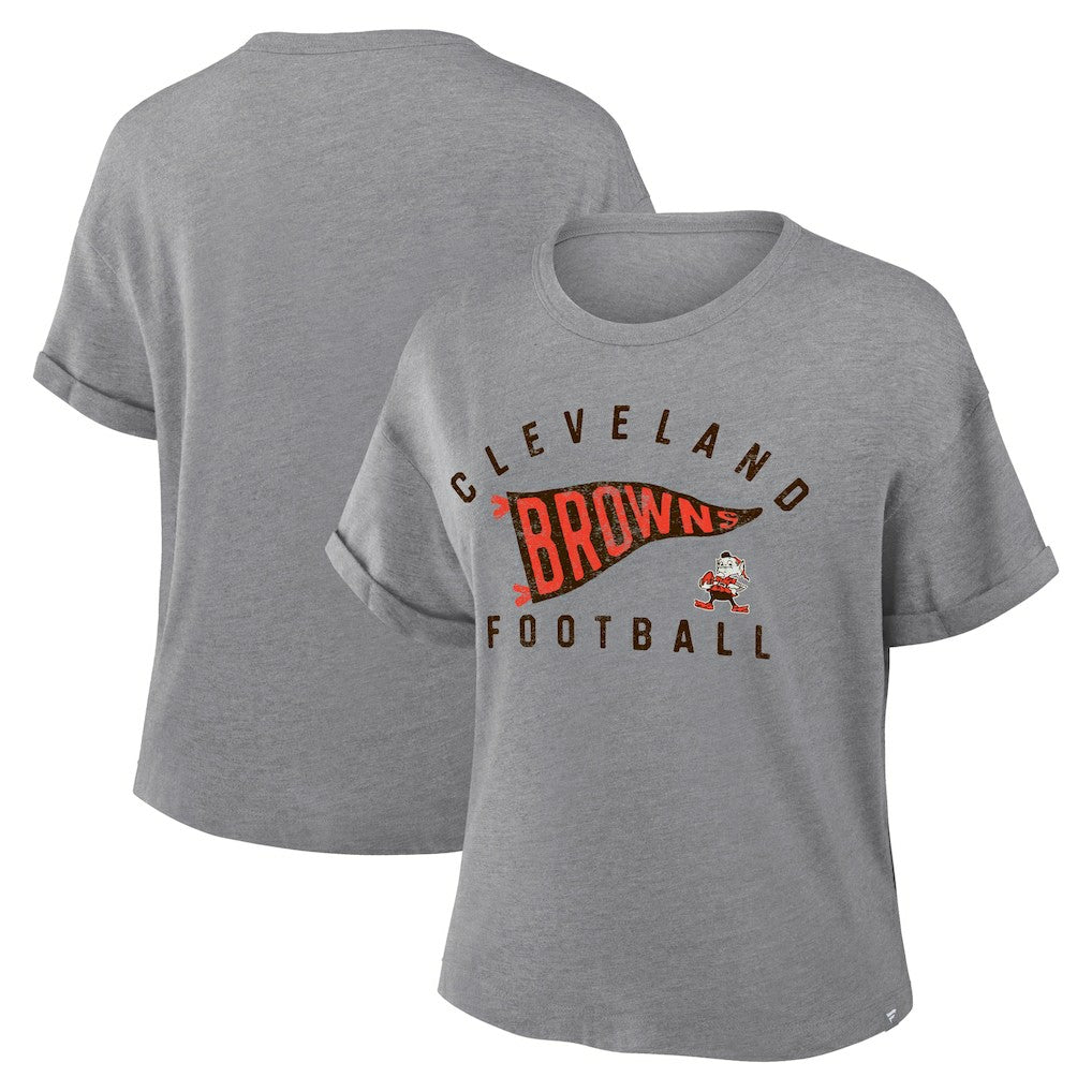 Cleveland Browns Women's Pennant Wave Tribute Tri-Blend Boxy T-Shirt Heather Gray