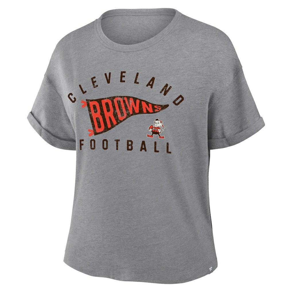 Cleveland Browns Women's Pennant Wave Tribute Tri-Blend Boxy T-Shirt Heather Gray