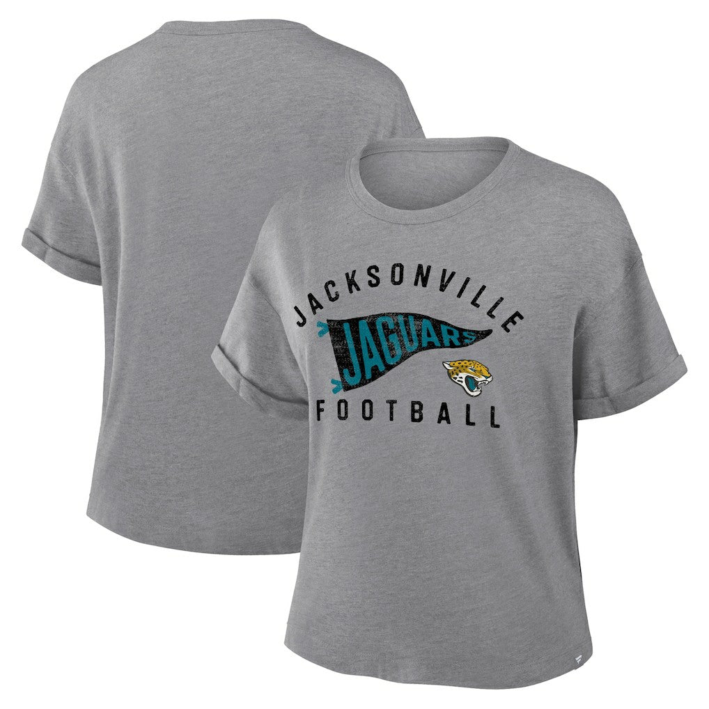 Jacksonville Jaguars Women's Pennant Wave Tribute Tri-Blend Boxy T-Shirt Heather Gray