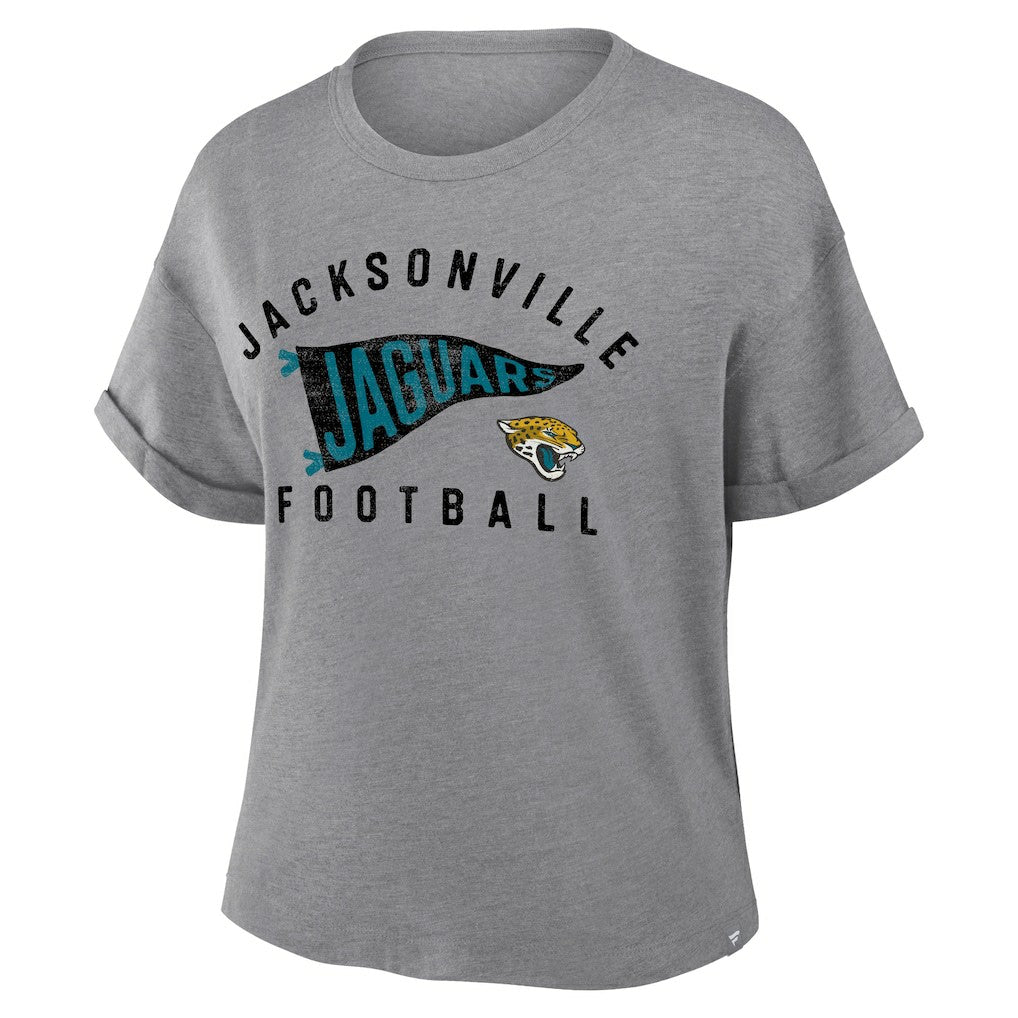 Jacksonville Jaguars Women's Pennant Wave Tribute Tri-Blend Boxy T-Shirt Heather Gray