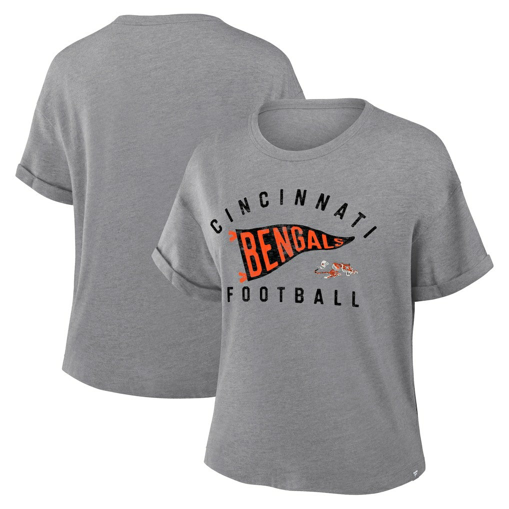 Cincinnati Bengals Women's Pennant Wave Tribute Tri-Blend Boxy T-Shirt Heather Gray