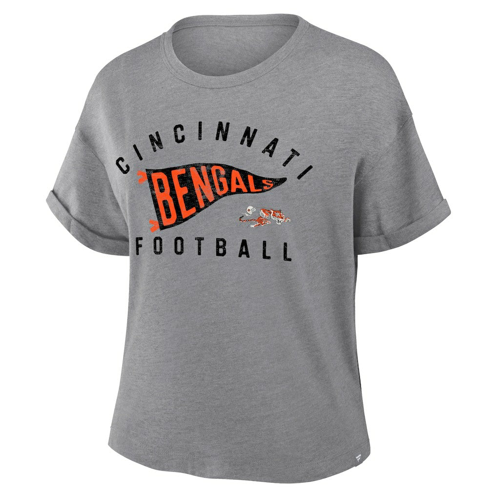 Cincinnati Bengals Women's Pennant Wave Tribute Tri-Blend Boxy T-Shirt Heather Gray
