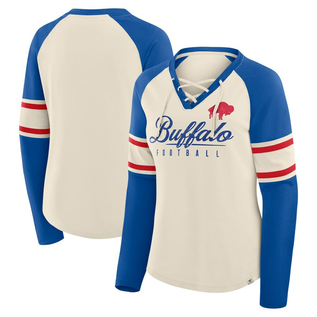 Buffalo Bills Women's Hometown Gridiron Hero Raglan Lace-Up V-Neck Long Sleeve T-Shirt Cream/Royal