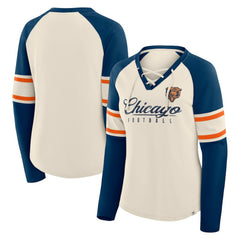 Chicago Bears Women's Hometown Gridiron Hero Raglan Lace-Up V-Neck Long Sleeve T-Shirt Cream/Navy