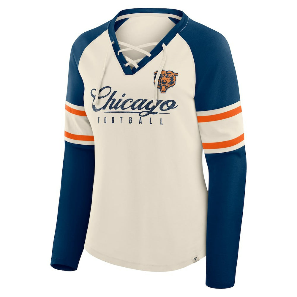 Chicago Bears Women's Hometown Gridiron Hero Raglan Lace-Up V-Neck Long Sleeve T-Shirt Cream/Navy
