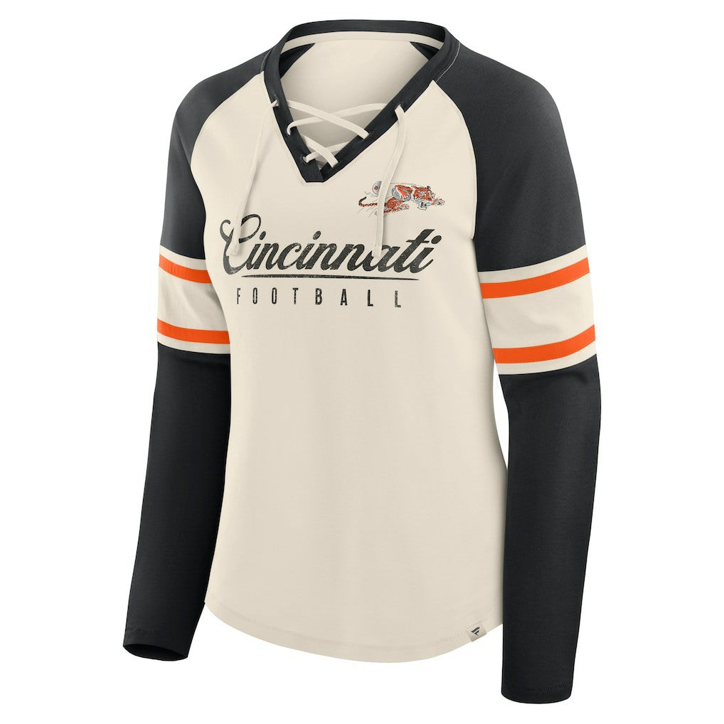Cincinnati Bengals Women's Hometown Gridiron Hero Raglan Lace-Up V-Neck Long Sleeve T-Shirt Cream/Black