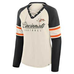Cincinnati Bengals Women's Hometown Gridiron Hero Raglan Lace-Up V-Neck Long Sleeve T-Shirt Cream/Black