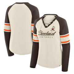 Cleveland Browns Women's Hometown Gridiron Hero Raglan Lace-Up V-Neck Long Sleeve T-Shirt Cream/Brown