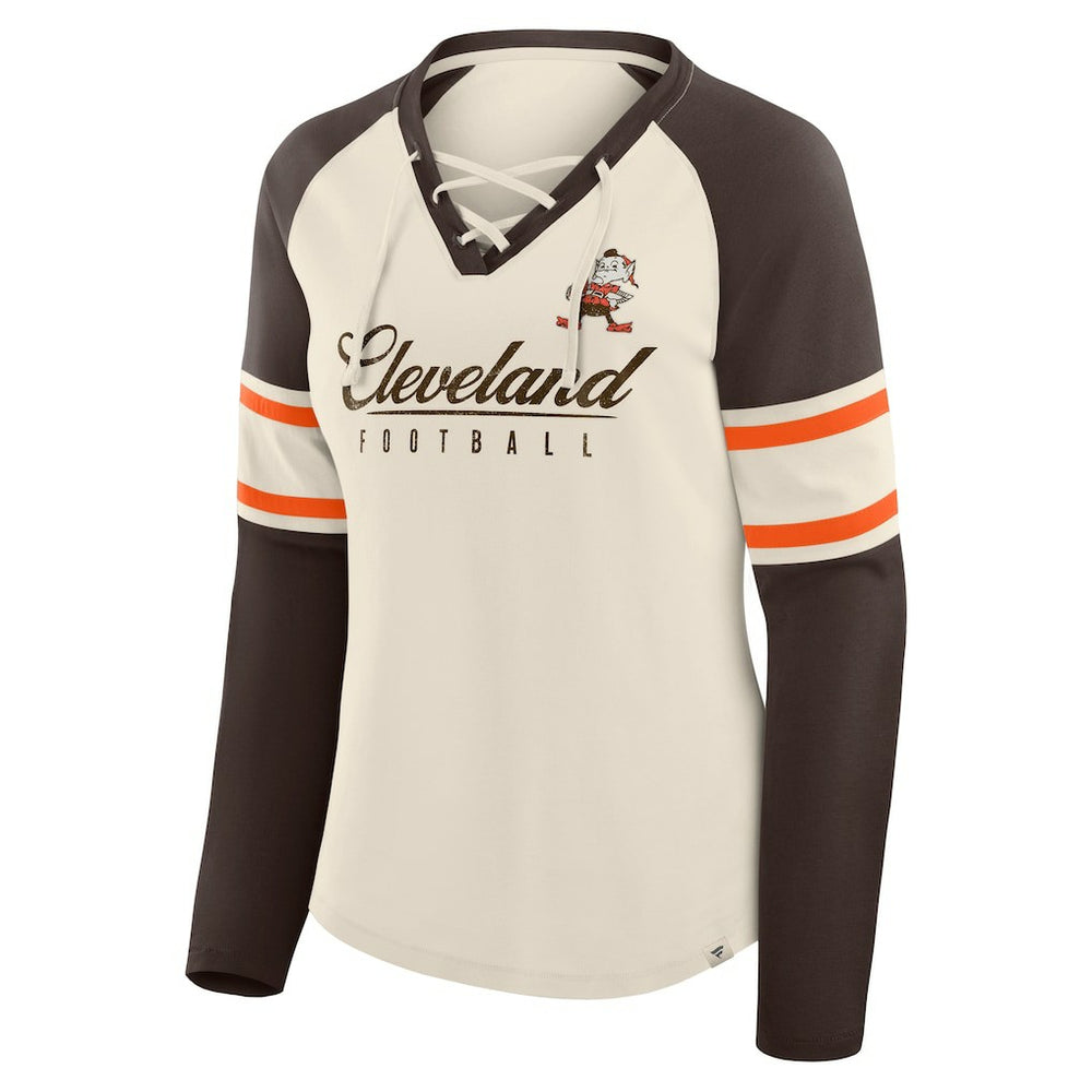 Cleveland Browns Women's Hometown Gridiron Hero Raglan Lace-Up V-Neck Long Sleeve T-Shirt Cream/Brown