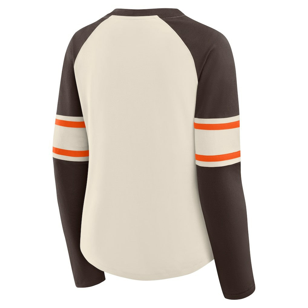 Cleveland Browns Women's Hometown Gridiron Hero Raglan Lace-Up V-Neck Long Sleeve T-Shirt Cream/Brown