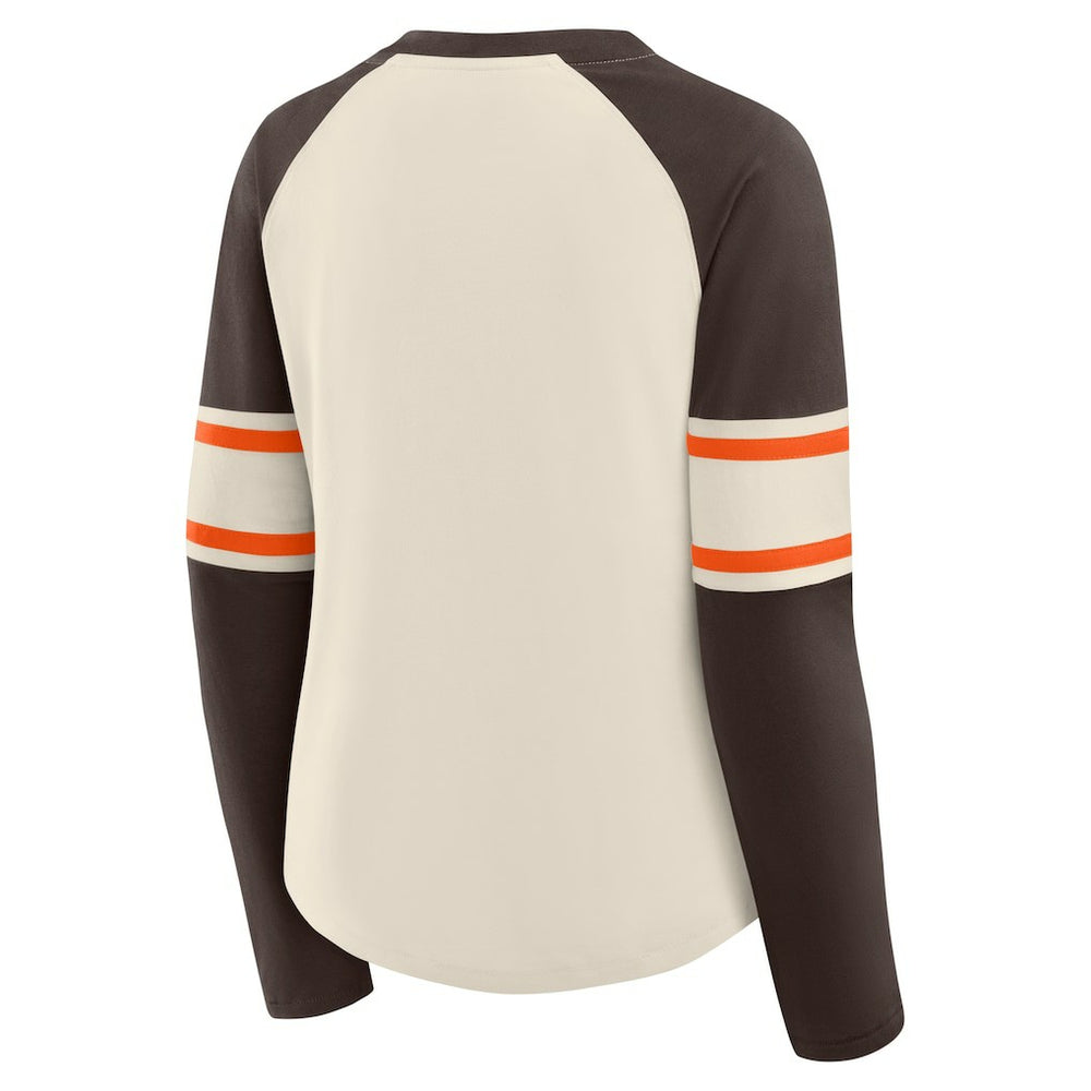 Cleveland Browns Women's Hometown Gridiron Hero Raglan Lace-Up V-Neck Long Sleeve T-Shirt Cream/Brown