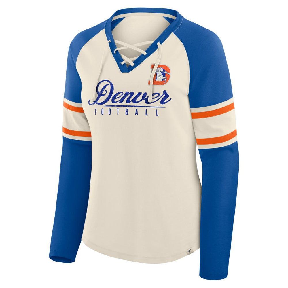 Denver Broncos Women's Hometown Gridiron Hero Raglan Lace-Up V-Neck Long Sleeve T-Shirt Cream/Royal