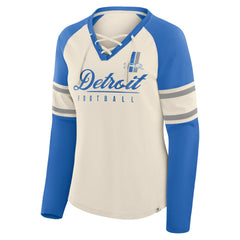 Detroit Lions Women's Hometown Gridiron Hero Raglan Lace-Up V-Neck Long Sleeve T-Shirt Cream/Blue