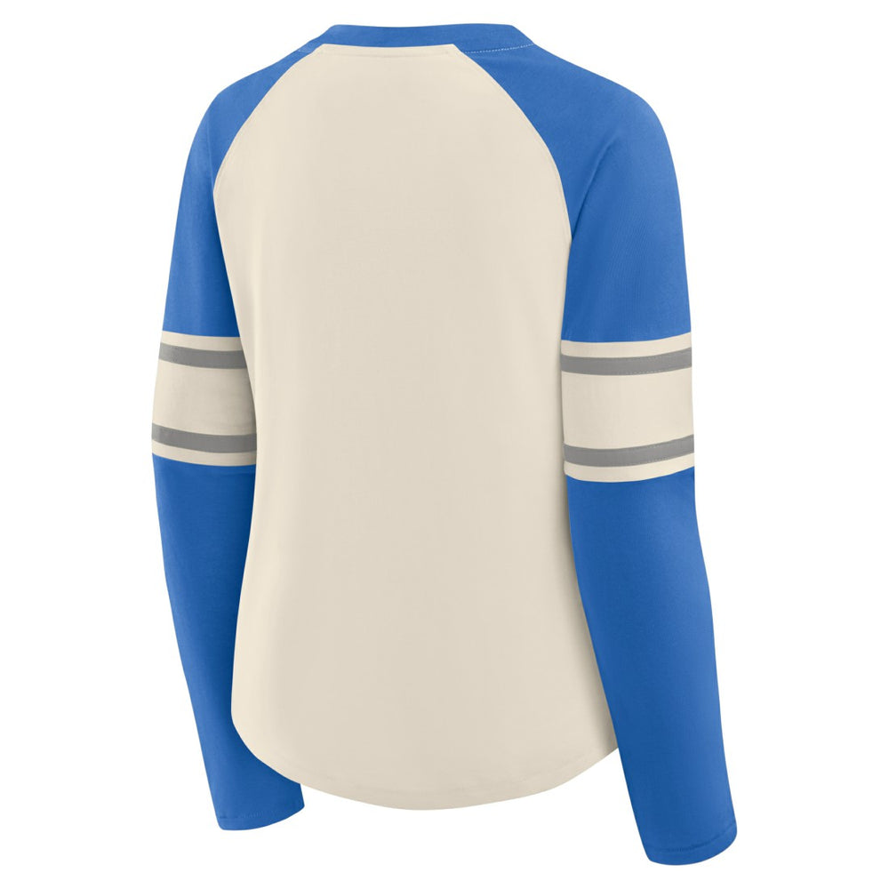Detroit Lions Women's Hometown Gridiron Hero Raglan Lace-Up V-Neck Long Sleeve T-Shirt Cream/Blue
