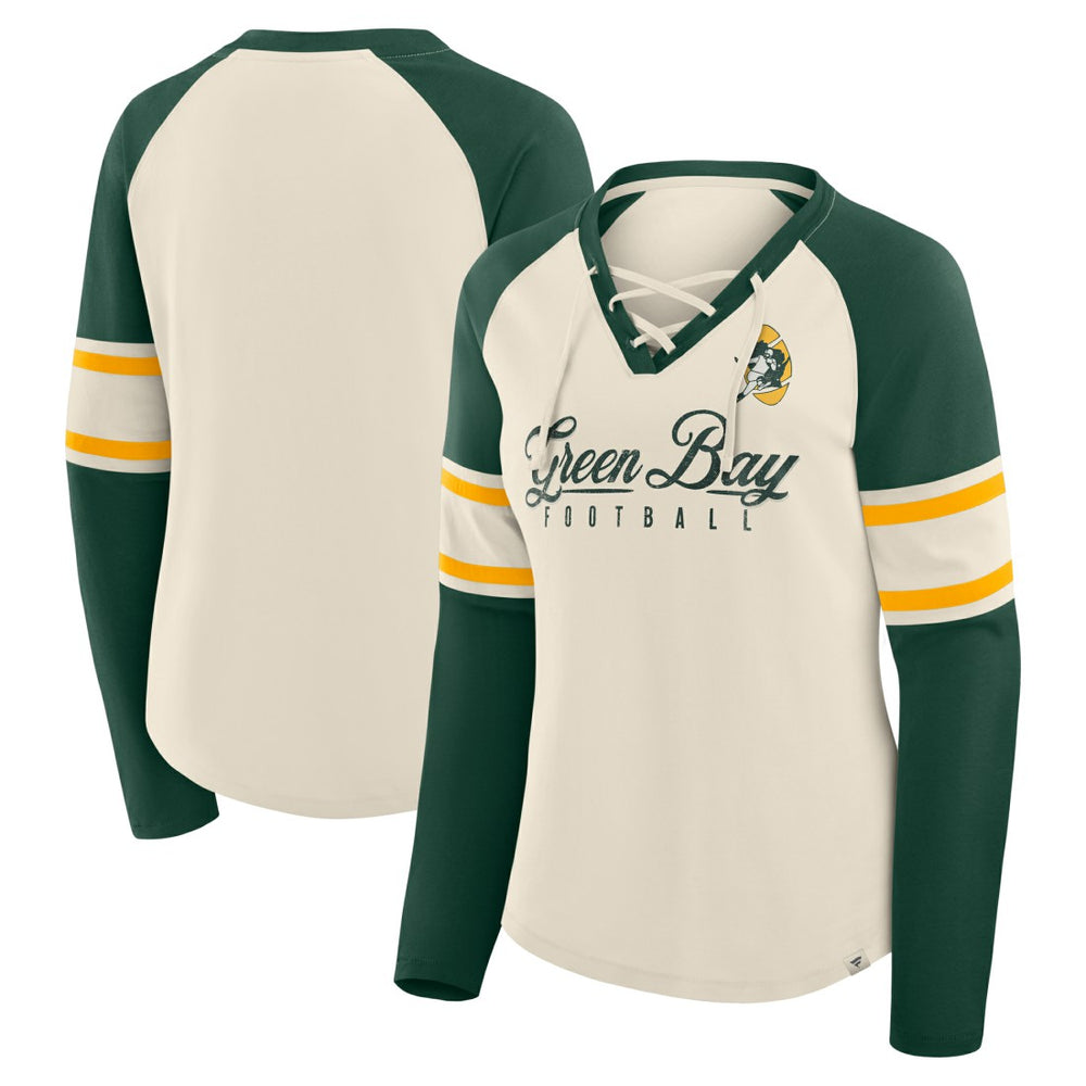 Green Bay Packers Women's Hometown Gridiron Hero Raglan Lace-Up V-Neck Long Sleeve T-Shirt Cream/Green