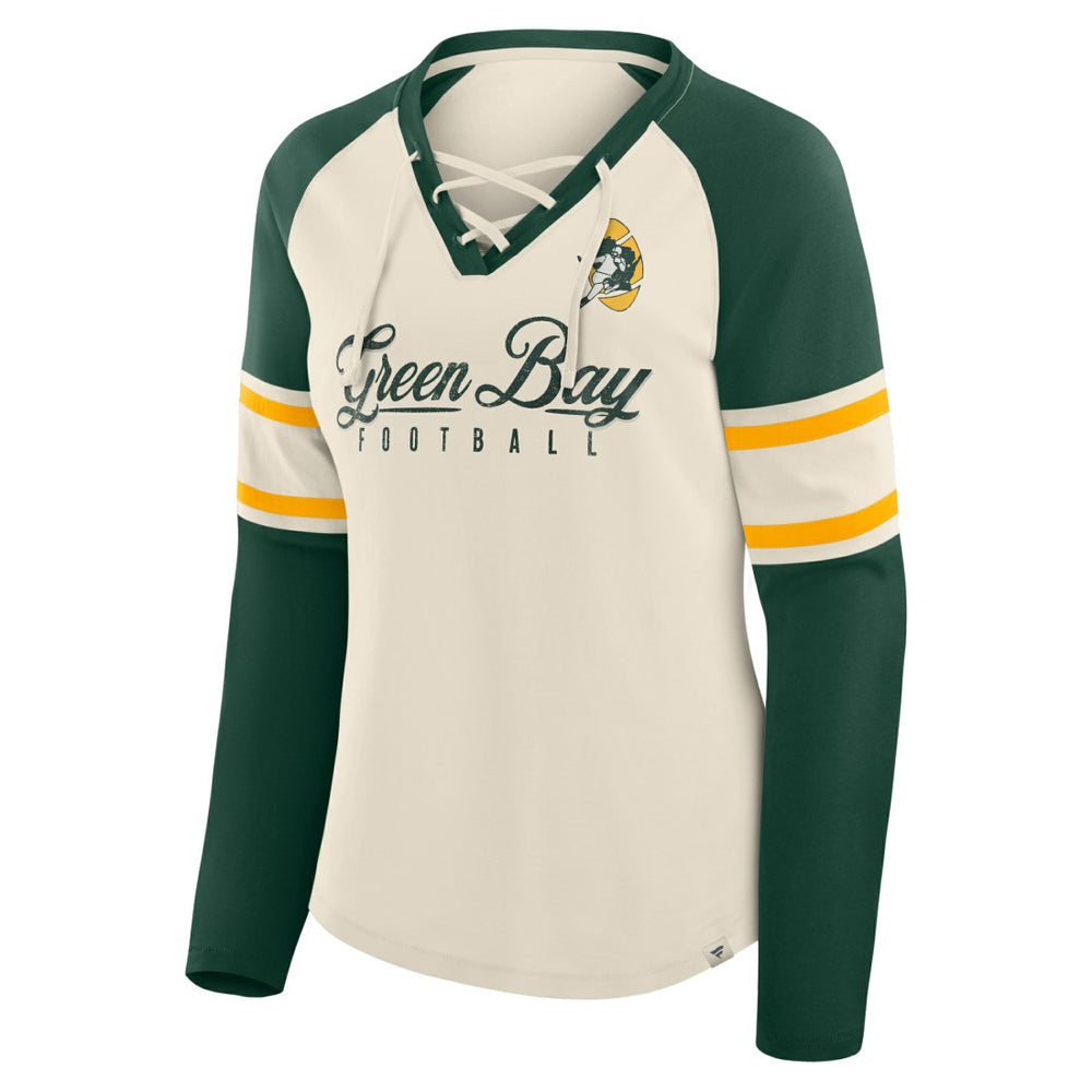 Green Bay Packers Women's Hometown Gridiron Hero Raglan Lace-Up V-Neck Long Sleeve T-Shirt Cream/Green