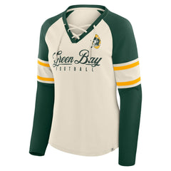 Green Bay Packers Women's Hometown Gridiron Hero Raglan Lace-Up V-Neck Long Sleeve T-Shirt Cream/Green