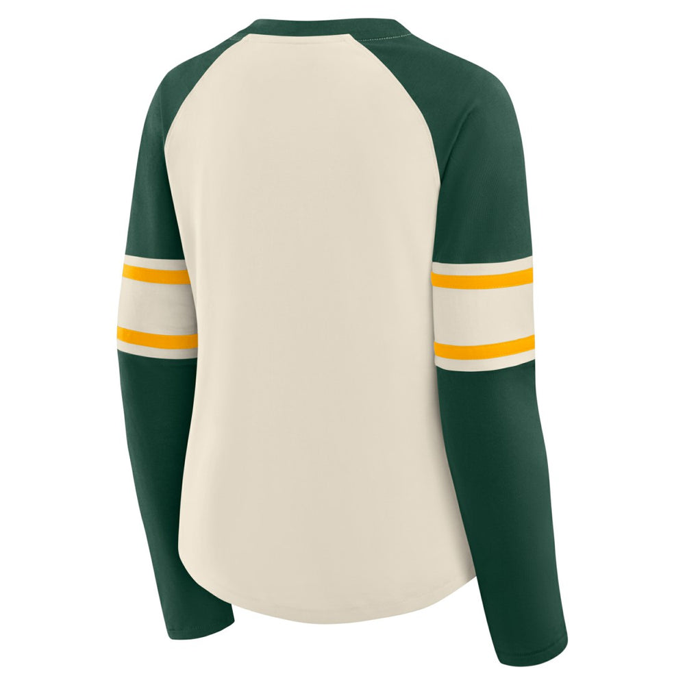 Green Bay Packers Women's Hometown Gridiron Hero Raglan Lace-Up V-Neck Long Sleeve T-Shirt Cream/Green