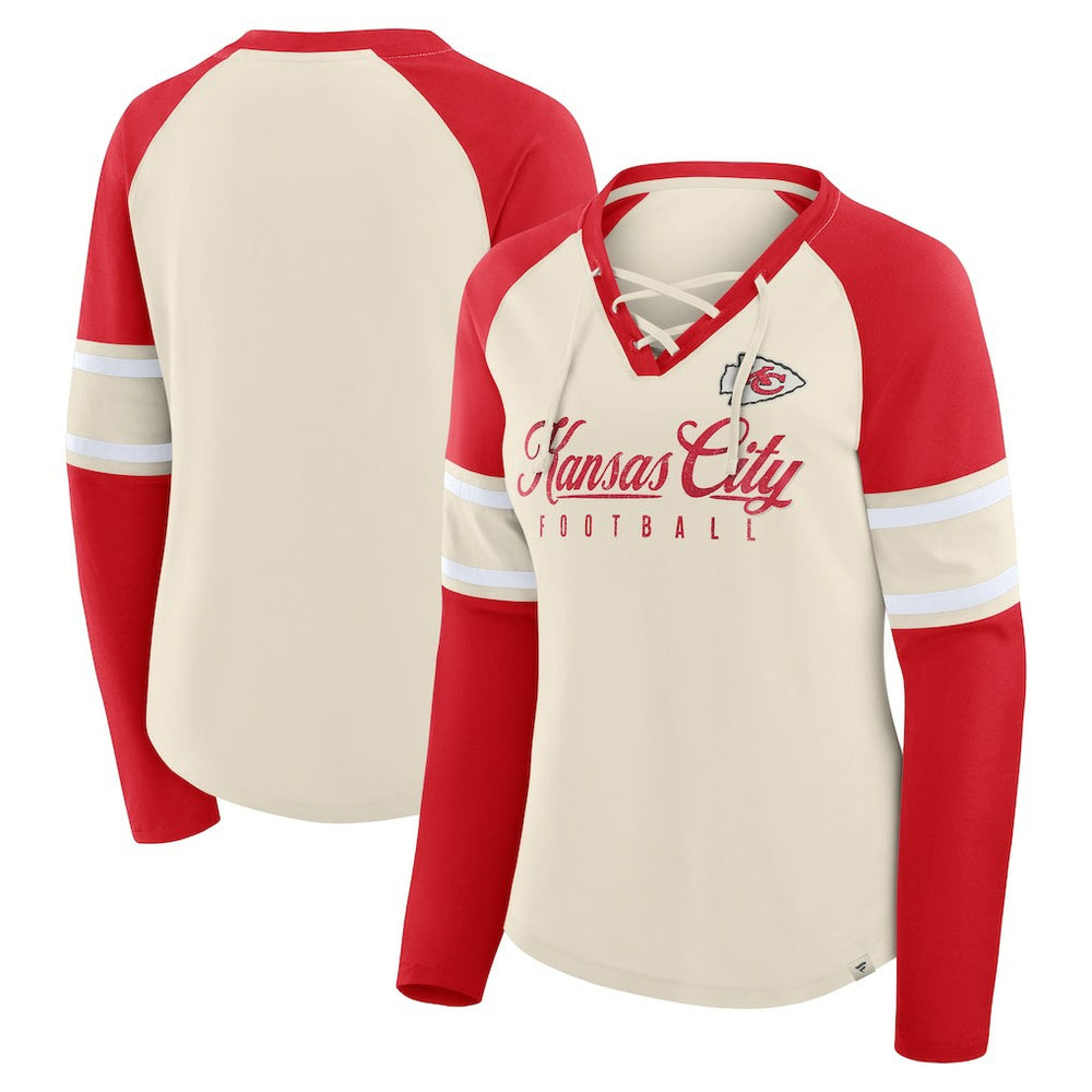 Kansas City Chiefs Women's Hometown Gridiron Hero Raglan Lace-Up V-Neck Long Sleeve T-Shirt Cream/Red