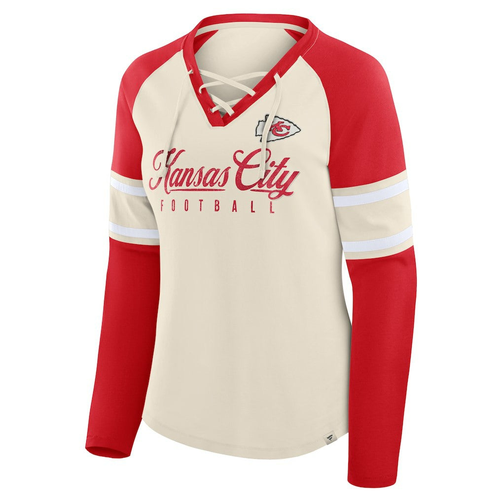 Kansas City Chiefs Women's Hometown Gridiron Hero Raglan Lace-Up V-Neck Long Sleeve T-Shirt Cream/Red