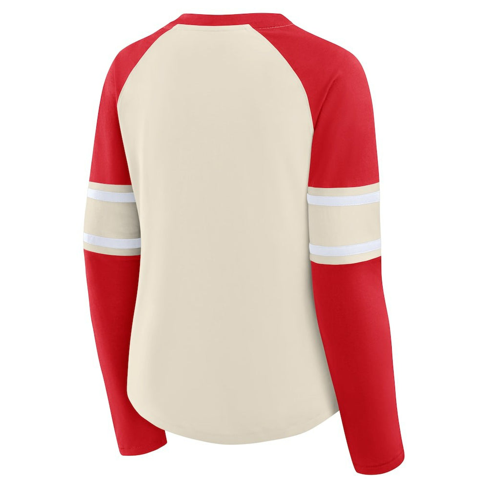 Kansas City Chiefs Women's Hometown Gridiron Hero Raglan Lace-Up V-Neck Long Sleeve T-Shirt Cream/Red