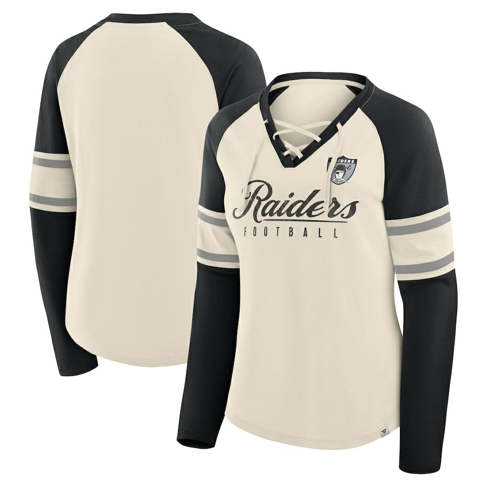 Las Vegas Raiders Women's Hometown Gridiron Hero Raglan Lace-Up V-Neck Long Sleeve T-Shirt Cream/Black