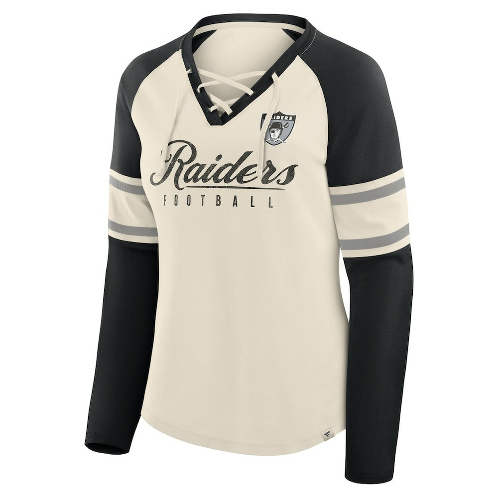Las Vegas Raiders Women's Hometown Gridiron Hero Raglan Lace-Up V-Neck Long Sleeve T-Shirt Cream/Black