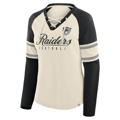Las Vegas Raiders Women's Hometown Gridiron Hero Raglan Lace-Up V-Neck Long Sleeve T-Shirt Cream/Black
