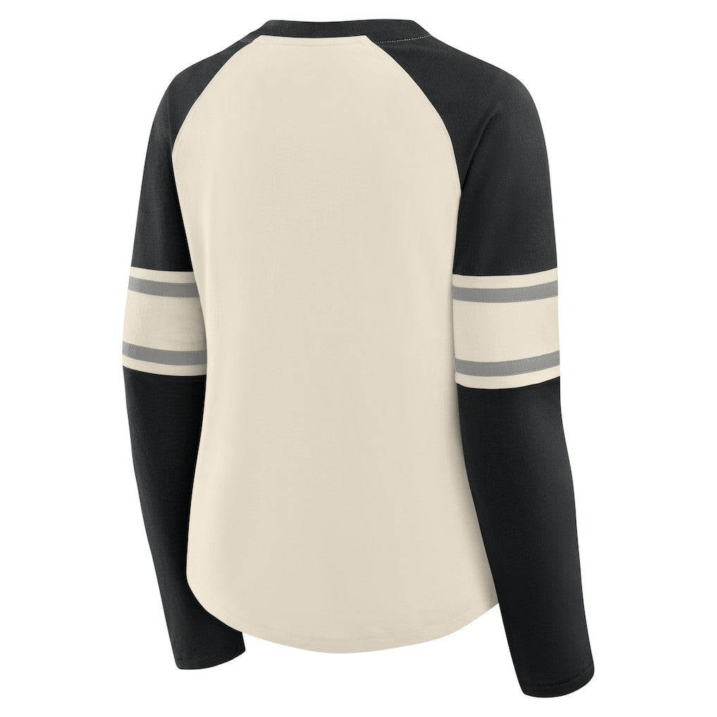 Las Vegas Raiders Women's Hometown Gridiron Hero Raglan Lace-Up V-Neck Long Sleeve T-Shirt Cream/Black