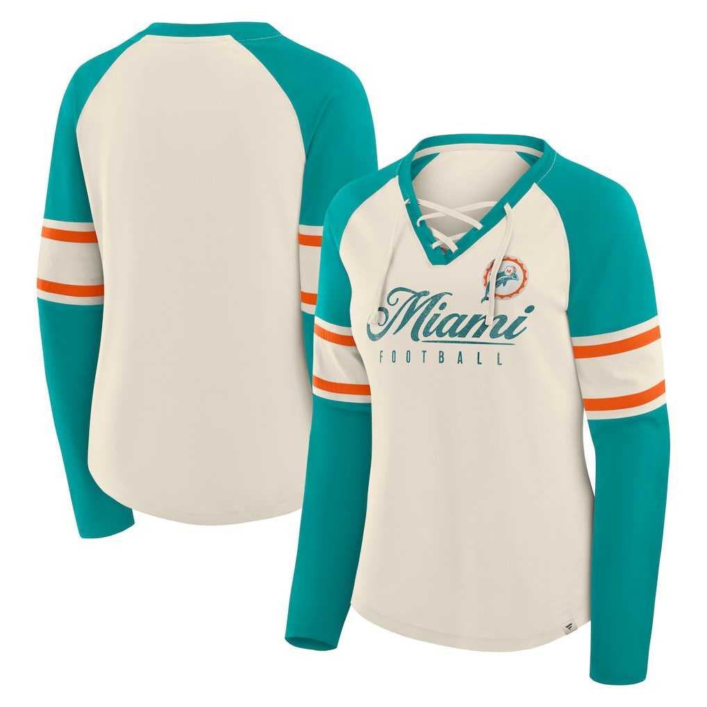 Miami Dolphins Women's Hometown Gridiron Hero Raglan Lace-Up V-Neck Long Sleeve T-Shirt Cream/Aqua