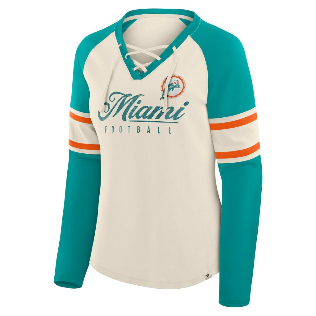 Miami Dolphins Women's Hometown Gridiron Hero Raglan Lace-Up V-Neck Long Sleeve T-Shirt Cream/Aqua
