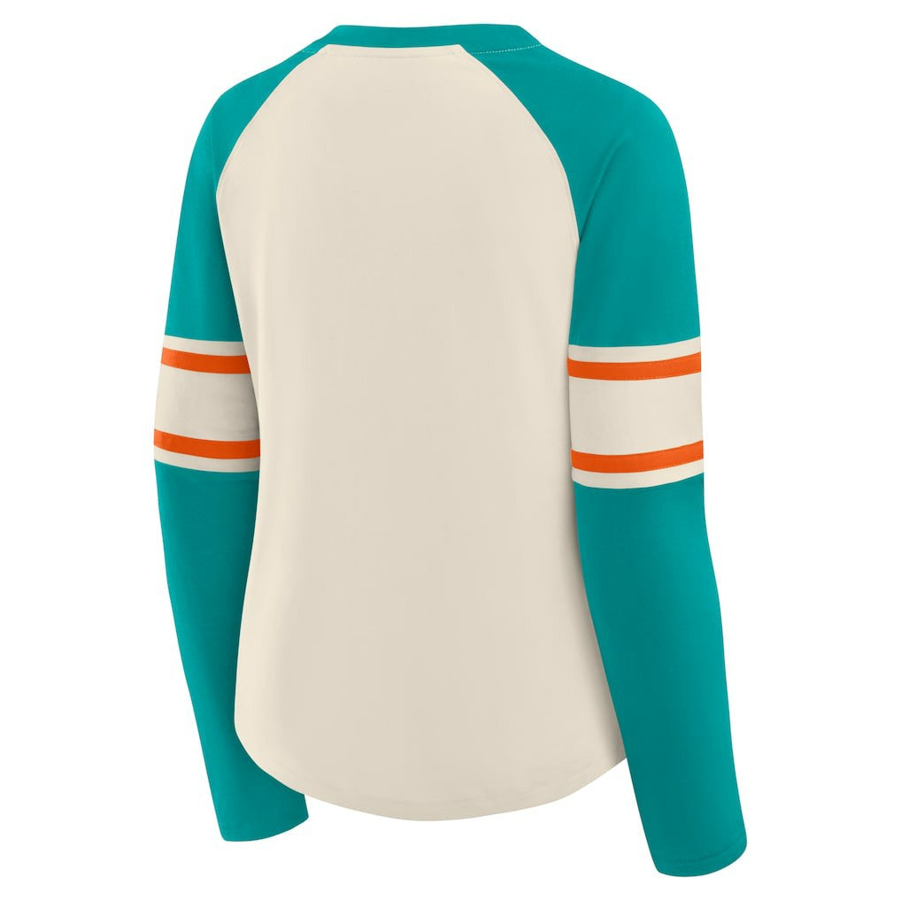 Miami Dolphins Women's Hometown Gridiron Hero Raglan Lace-Up V-Neck Long Sleeve T-Shirt Cream/Aqua