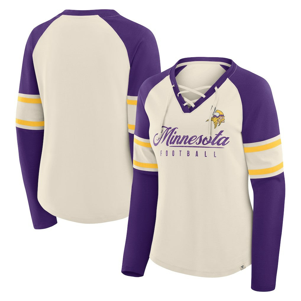 Minnesota Vikings Women's Hometown Gridiron Hero Raglan Lace-Up V-Neck Long Sleeve T-Shirt Cream/Purple