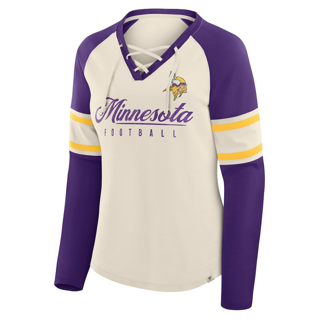 Minnesota Vikings Women's Hometown Gridiron Hero Raglan Lace-Up V-Neck Long Sleeve T-Shirt Cream/Purple