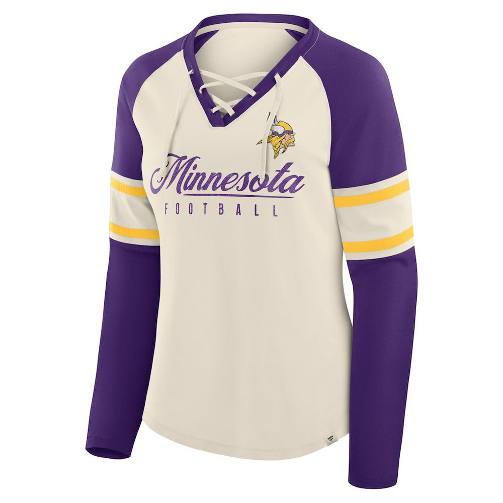 Minnesota Vikings Women's Hometown Gridiron Hero Raglan Lace-Up V-Neck Long Sleeve T-Shirt Cream/Purple
