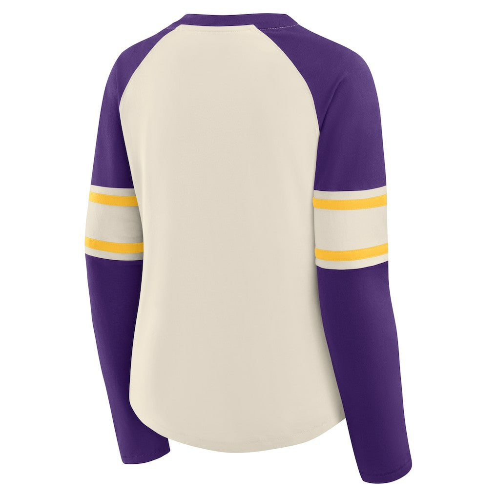 Minnesota Vikings Women's Hometown Gridiron Hero Raglan Lace-Up V-Neck Long Sleeve T-Shirt Cream/Purple
