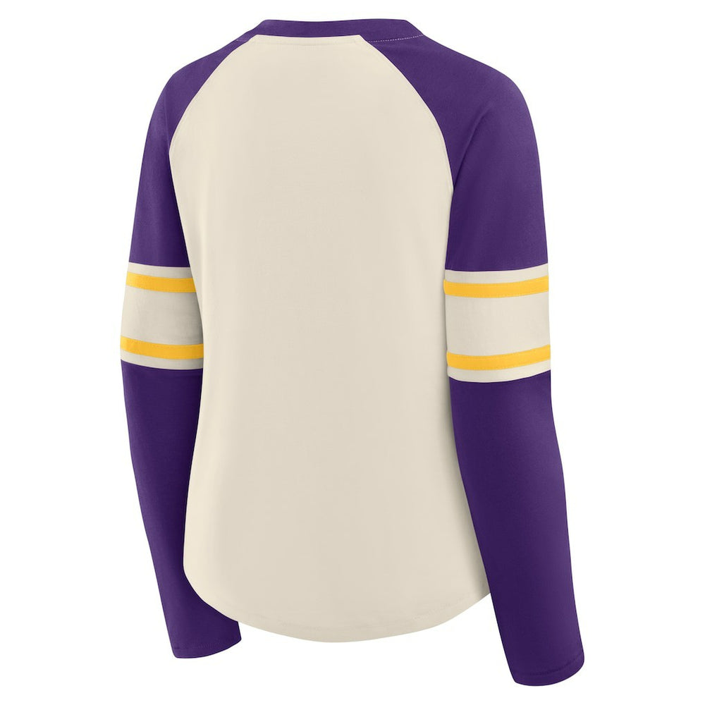 Minnesota Vikings Women's Hometown Gridiron Hero Raglan Lace-Up V-Neck Long Sleeve T-Shirt Cream/Purple
